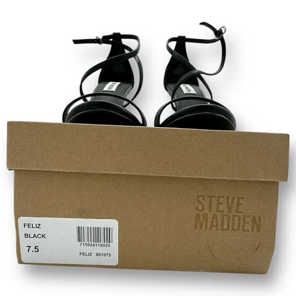 Steve Madden Womens Feliz PU Leather Strappy Stiletto Heel Sandals Black Sz 7.5